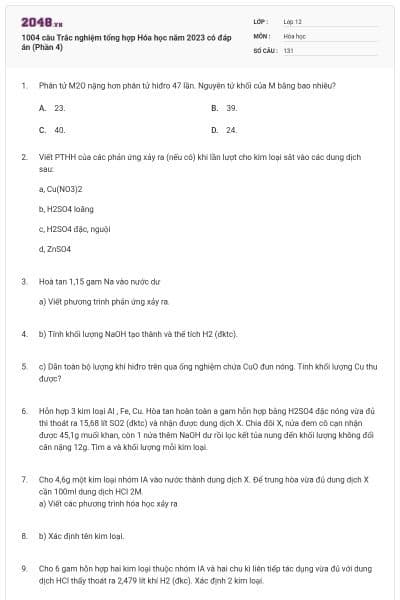1004 câu  Trắc nghiệm tổng hợp Hóa học năm 2023 có đáp án (Phần 4)