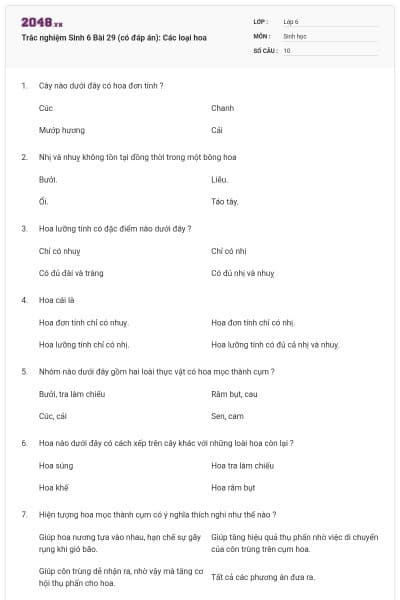 Trắc nghiệm Sinh 6 Bài 29 (có đáp án): Các loại hoa