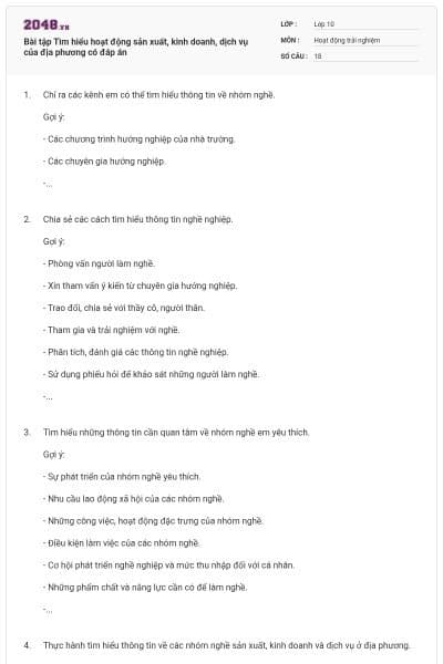 Bài tập Tìm hiểu hoạt động sản xuất, kinh doanh, dịch vụ của địa phương có đáp án