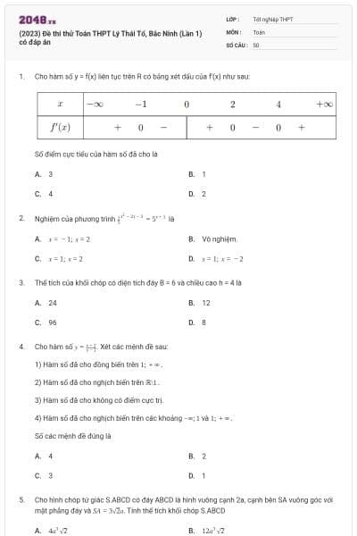 (2023) Đề thi thử Toán THPT Lý Thái Tổ, Bắc Ninh (Lần 1) có đáp án