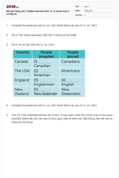 Bài tập Tiếng anh 7 Global Success Unit 12. A closer look 2 có đáp án