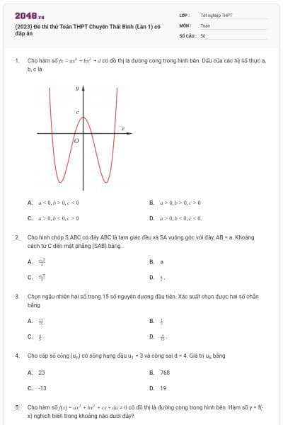 (2023) Đề thi thử Toán THPT Chuyên Thái Bình (Lần 1) có đáp án