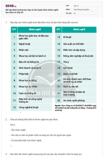 Bài tập Định hướng học tập và rèn luyện theo nhóm  nghề lựa chọn có đáp án