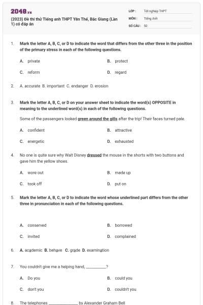 (2023) Đề thi thử Tiếng anh THPT Yên Thế, Bắc Giang (Lần 1) có đáp án