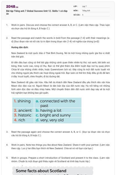 Bài tập Tiếng anh 7 Global Success Unit 12. Skills 1 có đáp án