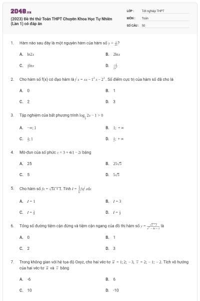 (2023) Đề thi thử Toán THPT Chuyên Khoa Học Tự Nhiên (Lần 1) có đáp án