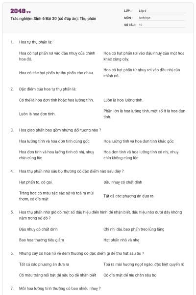 Trắc nghiệm Sinh 6 Bài 30 (có đáp án): Thụ phấn