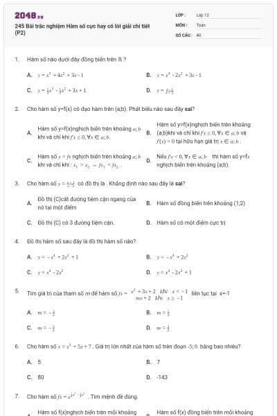 245 Bài trắc nghiệm Hàm số cực hay có lời giải chi tiết (P2)