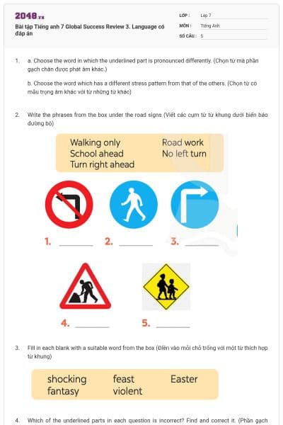 Bài tập Tiếng anh 7 Global Success Review 3. Language có đáp án