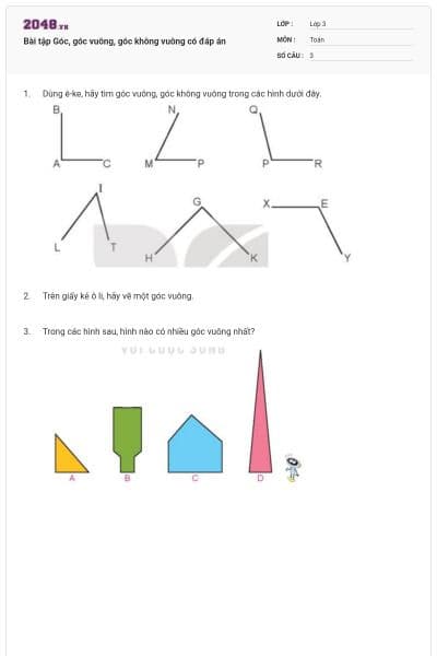 Bài tập Góc, góc vuông, góc không vuông có đáp án