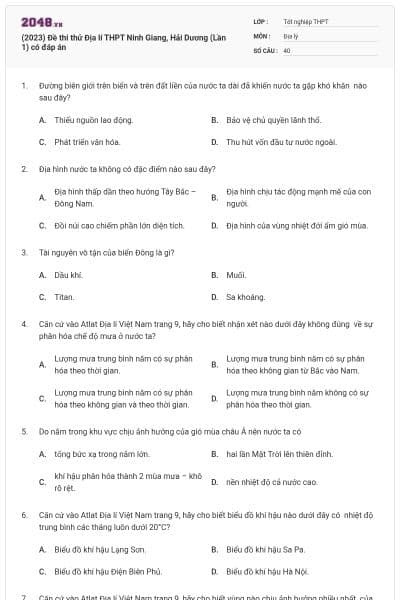 (2023) Đề thi thử Địa lí THPT Ninh Giang, Hải Dương (Lần 1) có đáp án
