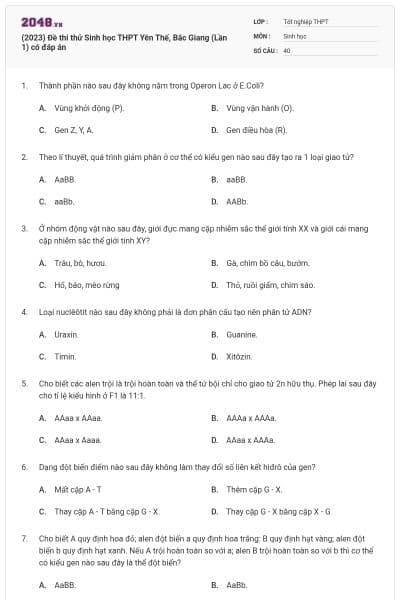 (2023) Đề thi thử Sinh học THPT Yên Thế, Bắc Giang (Lần 1) có đáp án