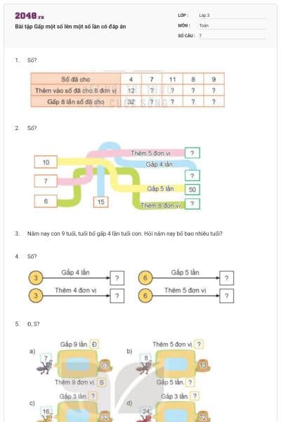 Bài tập Gấp một số lên một số lần có đáp án