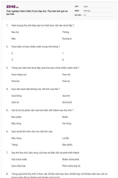 Trắc nghiệm Sinh 6 Bài 31(có đáp án): Thụ tinh kết quả và tạo hóa