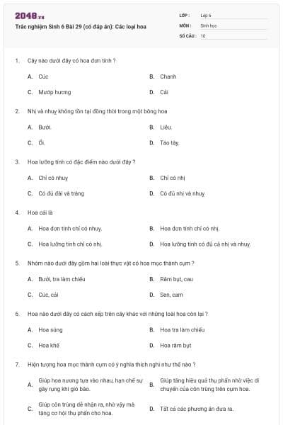 Trắc nghiệm Sinh 6 Bài 29 (có đáp án): Các loại hoa
