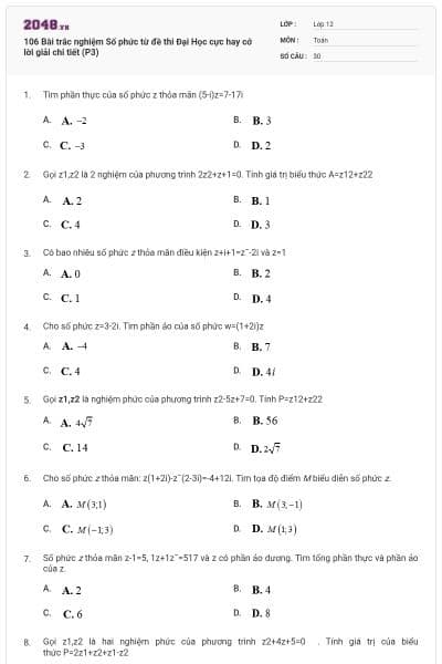 106 Bài trắc nghiệm Số phức từ đề thi Đại Học cực hay cớ lời giải chi tiết (P3)