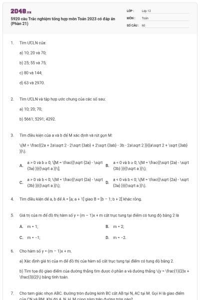 5920 câu Trắc nghiệm tổng hợp môn Toán 2023 có đáp án (Phần 21)