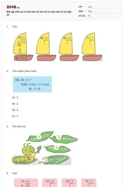 Bài tập Chia số có hai chữ số cho số có một chữ số có đáp án