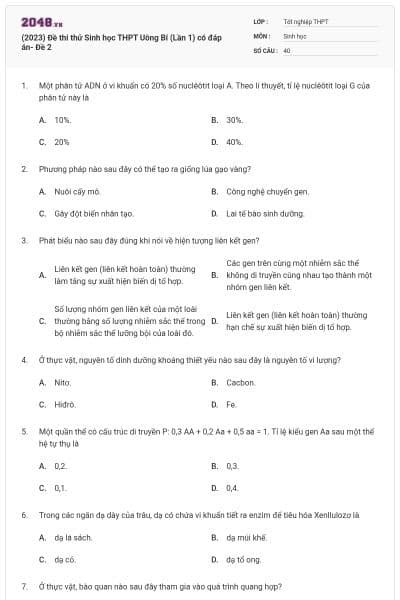 (2023) Đề thi thử Sinh học THPT Uông Bí (Lần 1) có đáp án- Đề 2