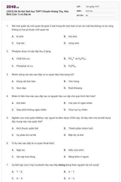 (2023) Đề thi thử Sinh học THPT Chuyên Hoàng Thụ, Hòa Bình (Lần 1) có đáp án