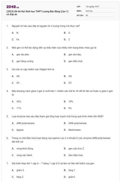 (2023) Đề thi thử Sinh học THPT Lương Băc Bằng (Lần 1) có đáp án