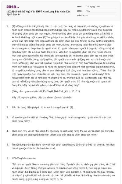 (2023) Đề thi thử Ngữ Văn THPT Hàm Long, Bắc Ninh (Lần 1) có đáp án