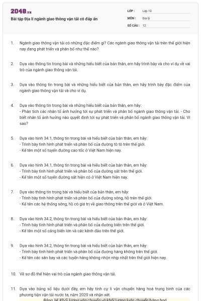 Bài tập Địa lí ngành giao thông vận tải có đáp án