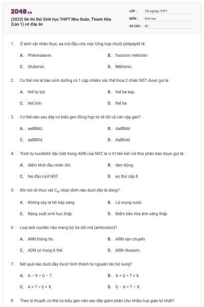 (2023) Đề thi thử Sinh học THPT Như Xuân, Thanh Hóa (Lần 1) có đáp án