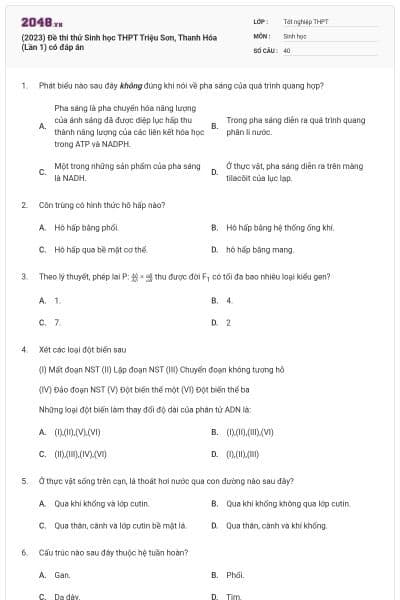 (2023) Đề thi thử Sinh học THPT Triệu Sơn, Thanh Hóa (Lần 1) có đáp án