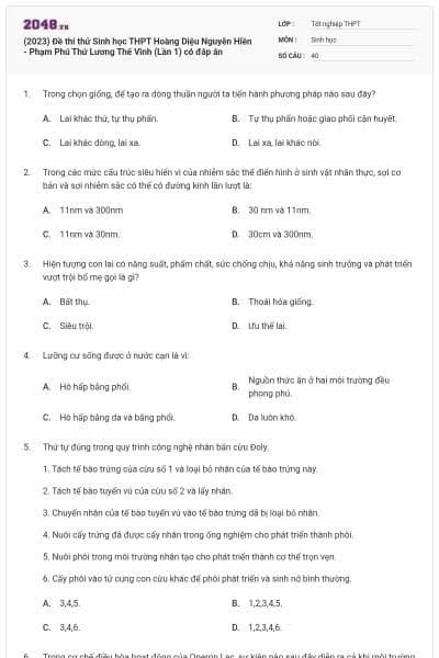 (2023) Đề thi thử Sinh học THPT Hoàng Diệu Nguyễn Hiền - Phạm Phú Thứ Lương Thế Vinh (Lần 1) có đáp án