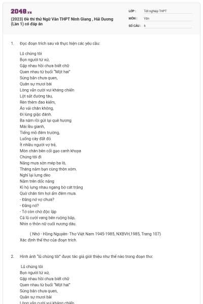 (2023) Đề thi thử Ngữ Văn THPT Ninh Giang , Hải Dương (Lần 1) có đáp án