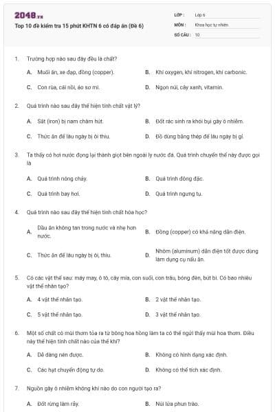 Top 10 đề kiểm tra 15 phút KHTN 6 có đáp án (Đề 6)