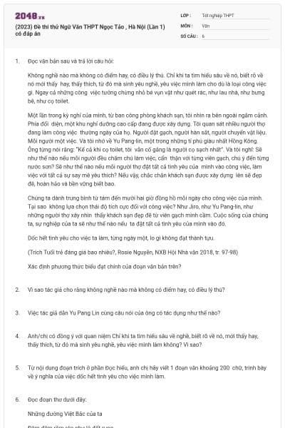 (2023) Đề thi thử Ngữ Văn THPT Ngọc Tảo , Hà Nội (Lần 1) có đáp án