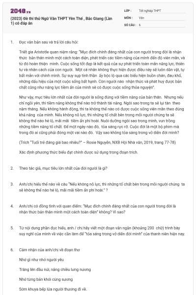 (2023) Đề thi thử Ngữ Văn THPT Yên Thế , Bắc Giang (Lần 1) có đáp án