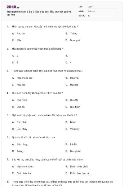 Trắc nghiệm Sinh 6 Bài 31(có đáp án): Thụ tinh kết quả và tạo hóa