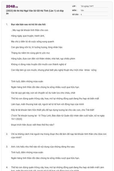 (2023) Đề thi thử Ngữ Văn Sở GD Hà Tĩnh (Lần 1) có đáp án