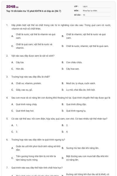 Top 10 đề kiểm tra 15 phút KHTN 6 có đáp án (Đề 7)