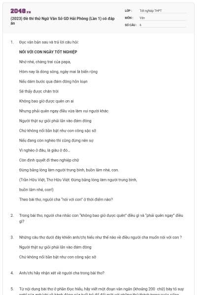 (2023) Đề thi thử Ngữ Văn Sở GD Hải Phòng (Lần 1) có đáp án
