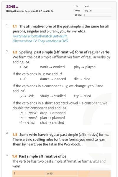 Bài tập Grammar Reference Unit 1 có đáp án