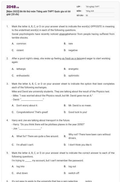 [Năm 2022] Đề thi thử môn Tiếng anh THPT Quốc gia có lời giải (20 đề)