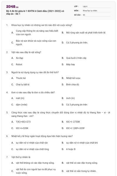 Bộ 4 đề thi giữa kì 1 KHTN 6 Cánh diều (2021-2022) có đáp án - Đề 1