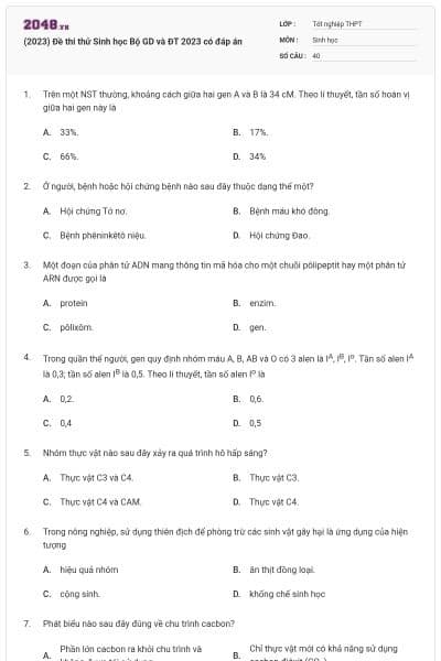 (2023) Đề thi thử Sinh học Bộ GD và ĐT 2023 có đáp án