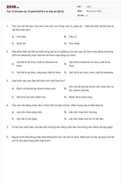 Top 10 đề kiểm tra 15 phút KHTN 6 có đáp án (Đề 8)