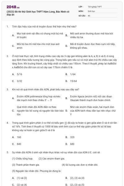 (2023) Đề thi thử Sinh học THPT Hàm Long, Bắc Ninh có đáp án