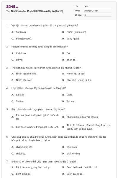 Top 10 đề kiểm tra 15 phút KHTN 6 có đáp án (Đề 10)