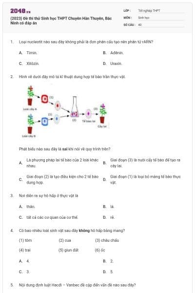 (2023) Đề thi thử Sinh học THPT Chuyên Hàn Thuyên, Bắc Ninh có đáp án