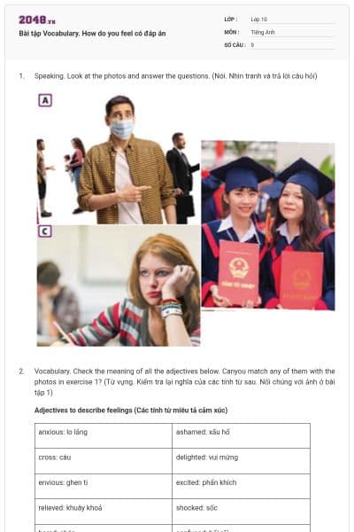 Bài tập Vocabulary. How do you feel có đáp án