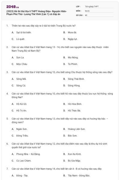 (2023) Đề thi thử Địa lí THPT Hoàng Diệu- Nguyễn Hiển- Phạm Phú Thứ- Lương Thế Vinh (Lần 1) có đáp án