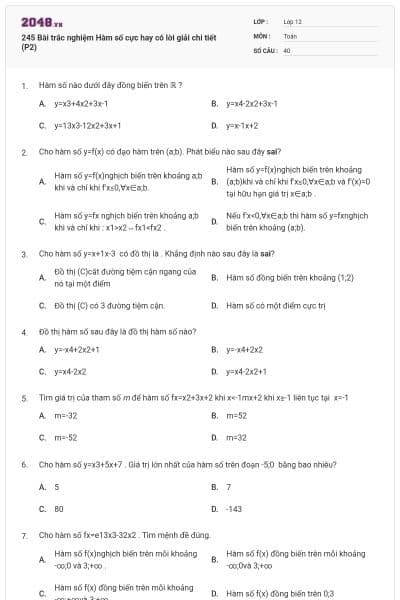 245 Bài trắc nghiệm Hàm số cực hay có lời giải chi tiết (P2)