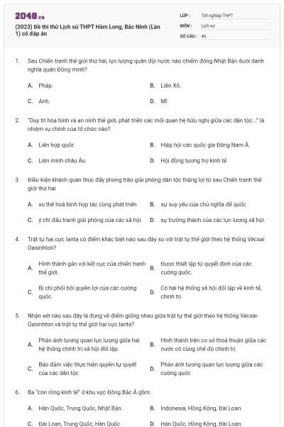 (2023) Đề thi thử Lịch sử THPT Hàm Long, Bắc Ninh (Lần 1) có đáp án